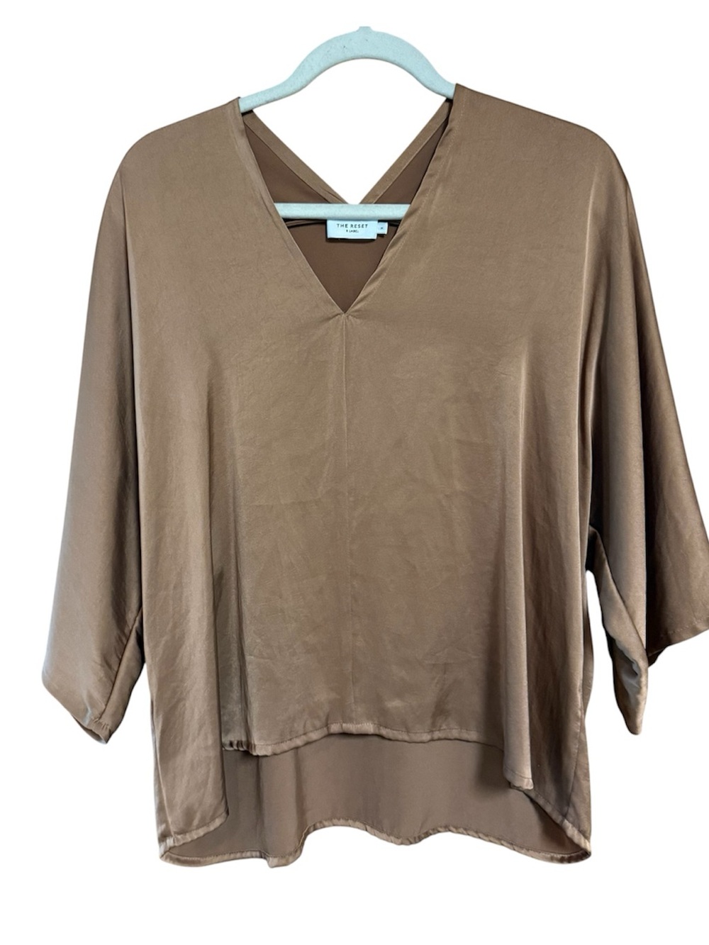 The Reset Bronze V-Neck Satin Silky Flowy Top Blouse Medium